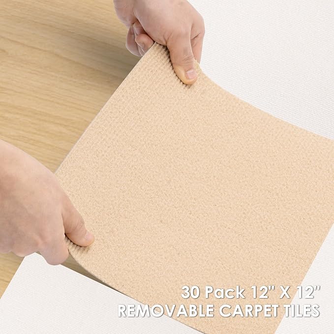 Carpet Tile 30 Pack 12” X 12” Self Adhesive Carpet Floor Tiles Anti-Slip Squares Peel and Stick Floor Tile DIY Installation for Bedroom (Beige-Camel)