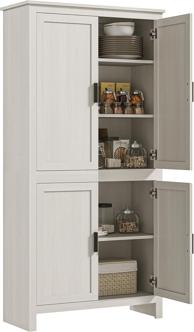 HOMCOM 64" Kitchen Pantry Cabinet, Freestanding Storage Cabinet with 4 Doors and 3 Adjustable Shelves for Dining Room, Antique White