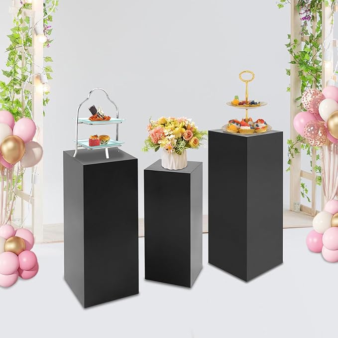 3Pcs Metal Pedestal Stand for Party, Large Black Cake Stand, Pedestal Display Plinth Pillars for Wedding Ceremony Birthday Party Art Decor, Column Decorative Cube for Wedding Dessert Table Display