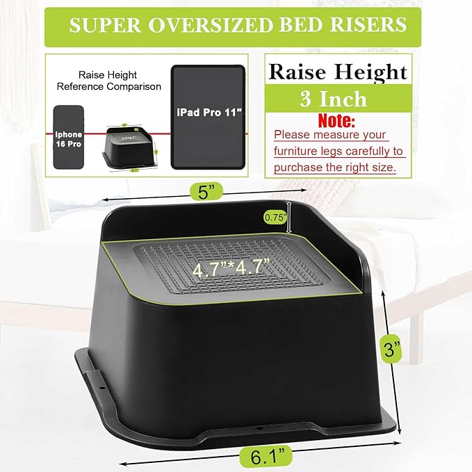 Bed Risers 1 inch, 2 inch, 3 inch, 4 inch, 6 inch, 8 inch Heavy Duty, Oversized Furniture Riser for Couch Sofa Table Chair Leg Frame Dorm, Support up to 6000 Lbs (Black 6 Pack, 3 inch)