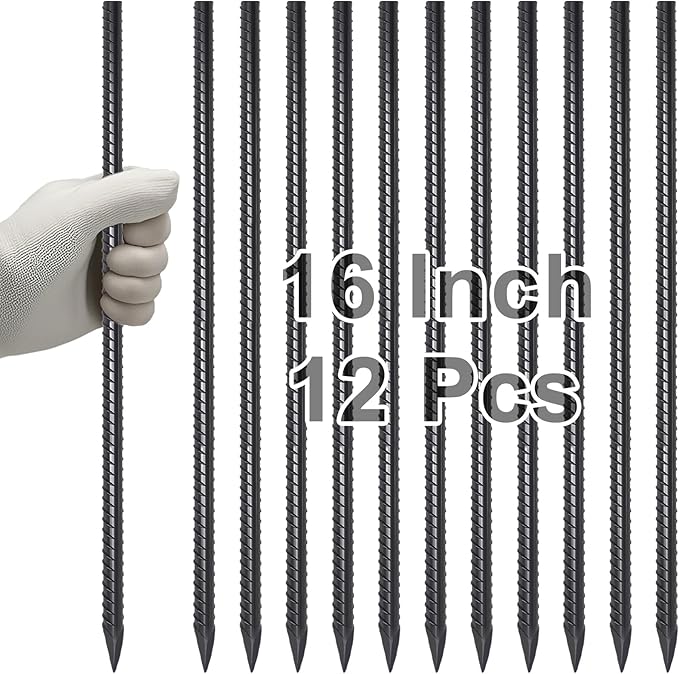 VVOKGO Rebar Stakes 16 Inches Ground Concrete Form Stakes (12pcs), Straight Metal Spikes Heavy Duty with Chisel Point End, 5/16" Diameter Steel Anchors for Fence, Concrete Timber, Garden Plants, Black