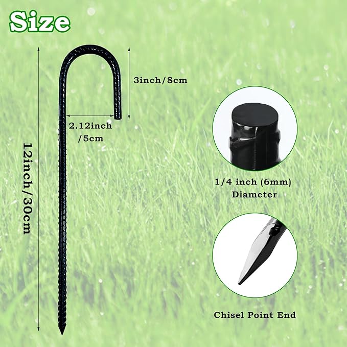 20 Pieces 12-Inch Metal Garden Ground Stakes Galvanized Steel J Shape Hook Rebar Stakes, Heavy Duty Tent Stake Chain Link Fence Stake for Outdoor Lawn Decorations, Black