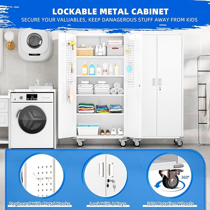INTERGREAT Metal Storage Cabinet with Wheels, 72" Locking Storage Cabinets with Door and 4 Shelves, Tool Storage Locker on Casters for Home Office, White