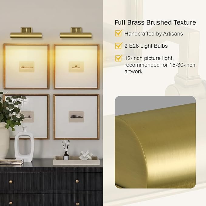 Modern 12in Brass Picture Lights for Wall Hardwired, Gold Picture Light Adjustable Picture Frames Lights Wall Sconce for Painting, Artwork, Gallery, Bookshelves Includes Bulbs