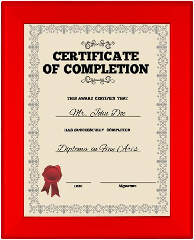 SnapeZo Certificate Frame 8.5x11, Red, 1.25 Inch Aluminum Profile, Front-Loading Snap Frame, Wall Mounting, Professional Series