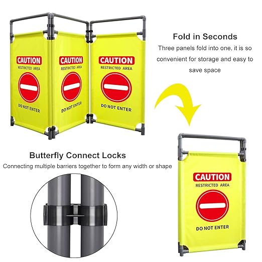 3 Panels Safety Barricade 5.8FT Foldable Security Sign Barrier Gate with Heavy Duty PVC Frame High Visibility Caution Symbol Crowd Control Restricted Area Pedestrian Barricade DO NOT Enter Yellow