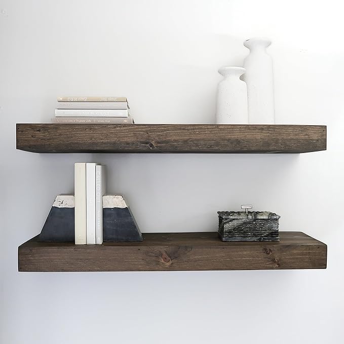 Urbandi Modern Floating Shelves 3 Inches Thick for Wall, Wide Shelves for Kitchen, Living Room, Bedroom, and Bathroom, Natural Pine Wood, Rustic Wooden Shelf, (Set of 2) (Jacobean, 60Lx3Hx8D)