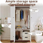 IRONCK Armoire Wardrobe Closet with Side Half Mirror, 70" Freestanding 4-Door Storage Cabinet for Bedroom, Features Side Hooks, Open Compartments, Hanging Rod & Shelves, White Armoire