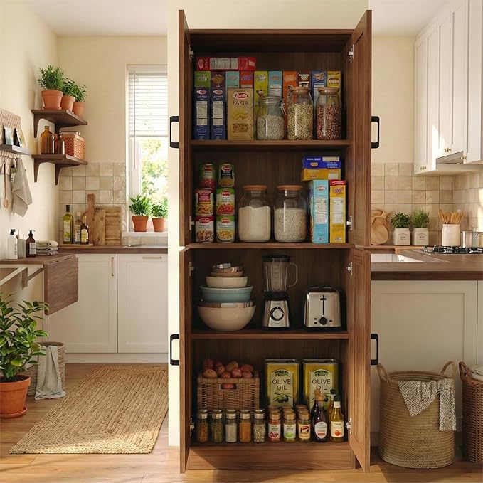 71" Tall Kitchen Pantry Cabinet, Freestanding Food Storage Organizer with Doors & Adjustable Shelves, Large Utility Hutch Cupboard for Dining Room, Living Room, Bathroom & Home Office, Brown
