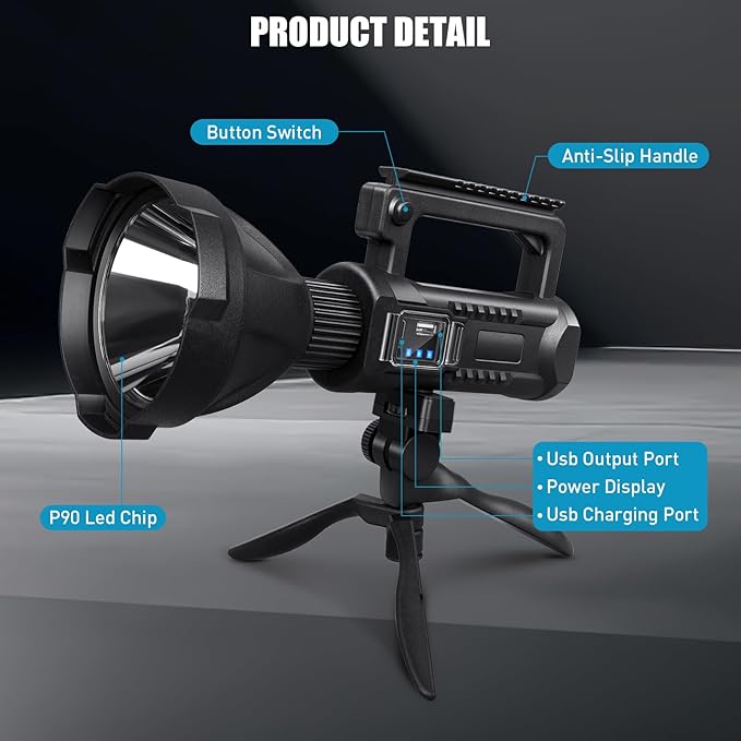 Rechargeable Spotlight, 99,000 Lumens Super Bright Handheld Led Flashlight, Outdoor Spot Light for Boating Camping