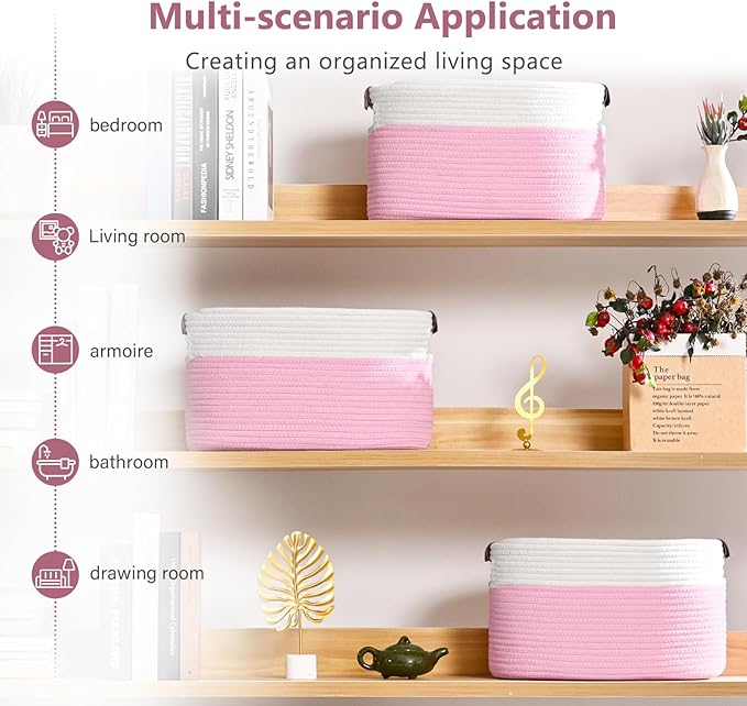 Cotton Rope Basket, Storage Baskets with Handle, 15x10x9 Inch Woven Basket for Shelves, Laundry, Towels, Clothes, Books (White/Pink 2Pack)