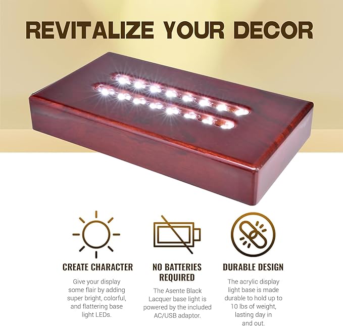 16 LED Light Base for Glass Art - Illuminated Rectangle Display Pedestal - Lighted Stand For 3D Crystal and Glass Sculptures - Adapter Plug Powered - 6.50 Inch Lighted Mirror Box (Cherry Wood)