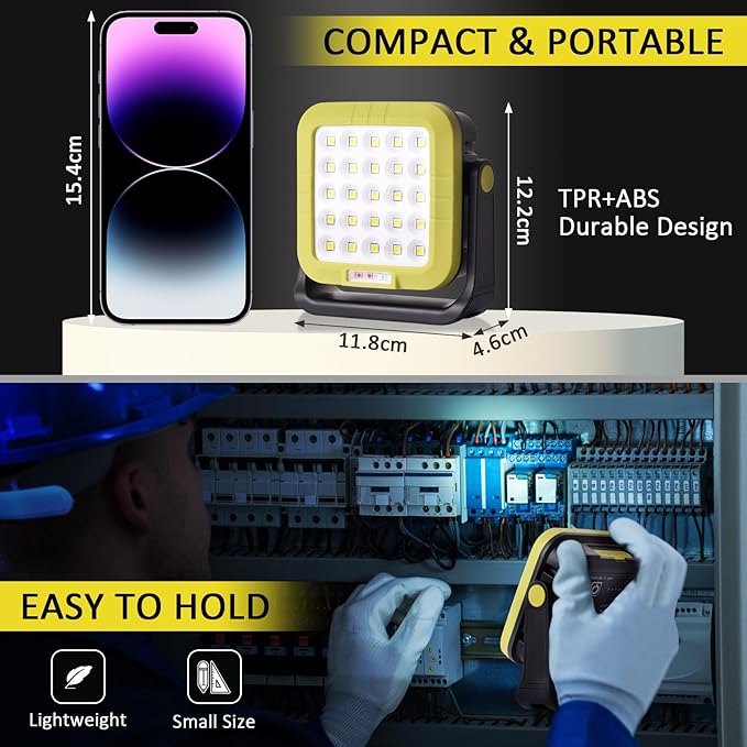 Masmejor 30W Rechargeable LED Work Light - 1500LM, IP44 Waterproof, Magnetic Base, 360° Rotating, 7 Modes for Auto Repair, Emergency, Garage, Camping & Outdoor