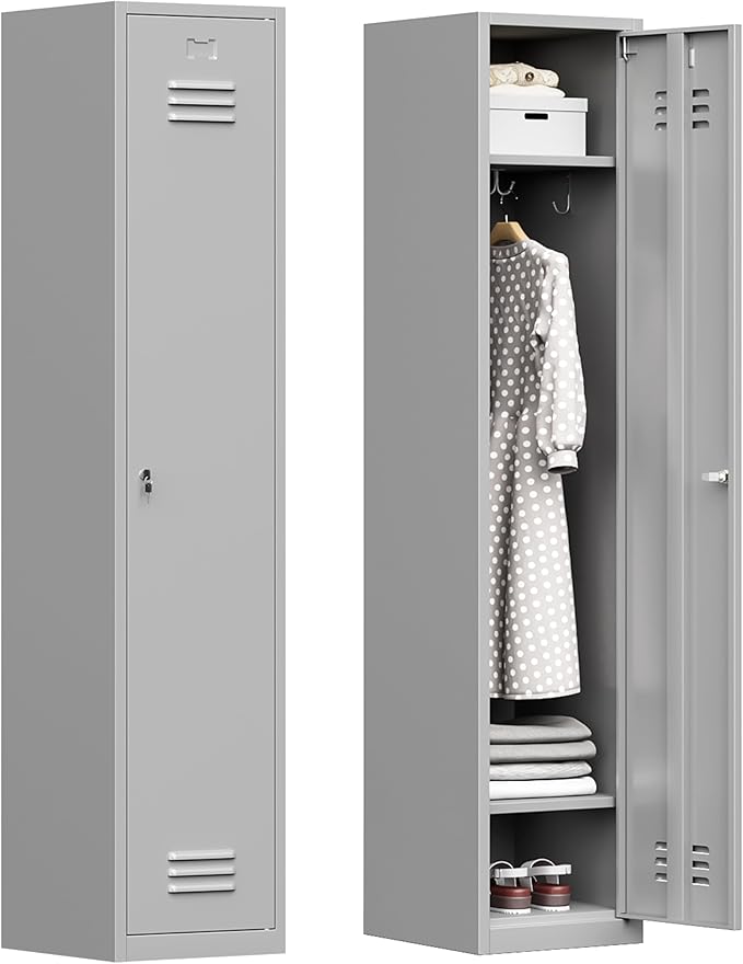 Bestoo Metal Locker,71" Storage Cabinet with 1 Lockable Door and Hooks, Tall Freestanding Wardrobe for Employees, Gym, School, Home and Office (Gray)