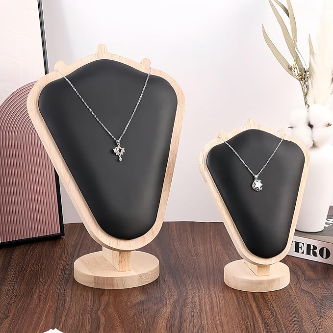 Natural Body Wood Necklace Display Stand with Black Leather Soft Mat Necklace Holder Organizer Desktop Stand for Home Store Dresser-4.45"x8.4"x12"