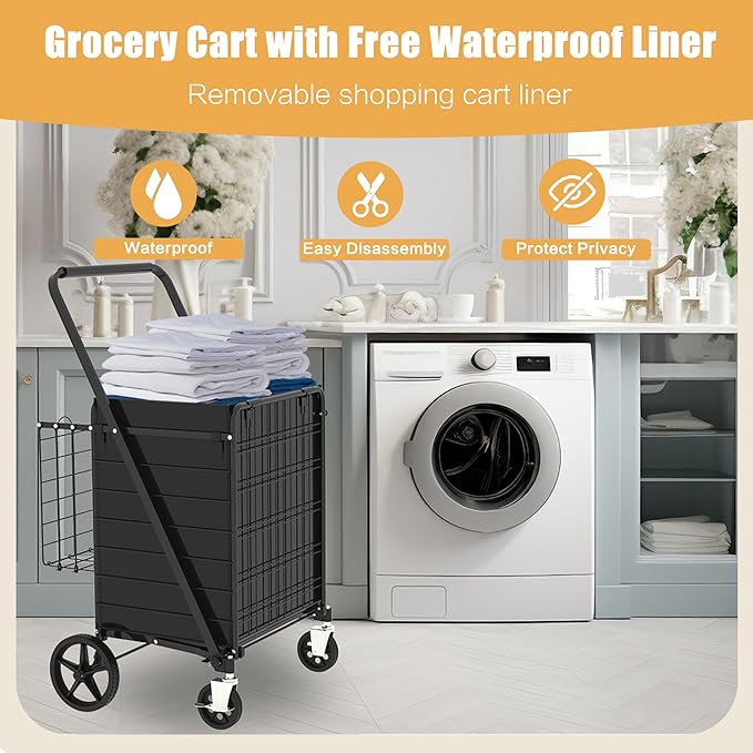 CHARMMA Large Shopping Cart with Brake,Grocery Cart on Wheels, Foldable Utility Shopping Carts with Double Basket and 360° Rolling Swivel Wheels for Groceries Laundry
