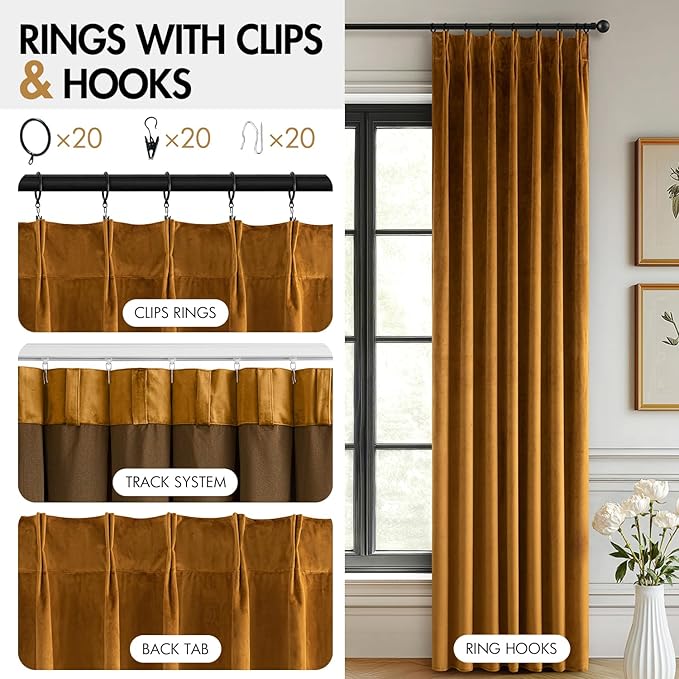 MIULEE Velvet Pinch Pleated Blackout Curtains 84 inches Long, Gold Brown Pleat Design Thermal Insulated Luxury Window Drapes for Living Room Bedroom with Hooks, Set of 2