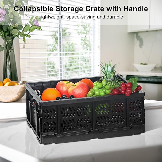 Heavy Duty Plastic Milk Crates for Storage, 4-Pack Stackable Storage Bins for Organizing, Collapsible Storage Basket with Handle for Groceries, Suitable for Home Office School Store, Black