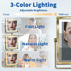 Ruacq Rechargeable Wall Mounted Makeup Mirror with Lights, Double Sided 1X/10X Magnifying Vanity Mirror with 3 Color Lights, Touch Screen Dimmable, 360° Rotation Extension Foldable Arm(Antique Brass)