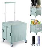 Folding Utility Cart Portable Rolling Crate Handcart Shopping Trolley Collapsible Tool Box, with Lid, on Rotate Wheels, for Grocery, Shopping, Office, Teacher, Camp,File (Green)