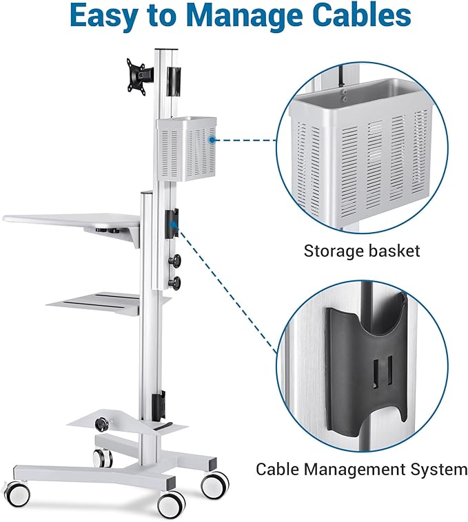 Yescom Mobile Computer Cart Rolling PC Stand Desk Workstation on Wheels with Monitor Mount Adjustable Keyboard Tray CPU Printer Holder for Hospital Clinic School Office Silver