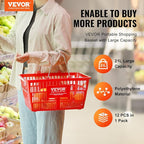 VEVOR Shopping Basket Set, 12 x 21L Durable Plastic Grocery Basket with Metal Handle and Stand, 16.73 x 12.01 x 8.58 inch Portable Shop Basket for Retail Store Supermarket Grocery Shopping, Red