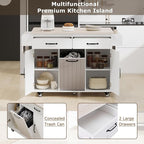 51" Moveable Kitchen Island with Trash Can Storage Cabinet, Kitchen Cart with Drop Leaf, Spice Rack, Towel Rack and Drawer, Rolling Kitchen Island on 5 Wheels with Adjustable Shelf,White
