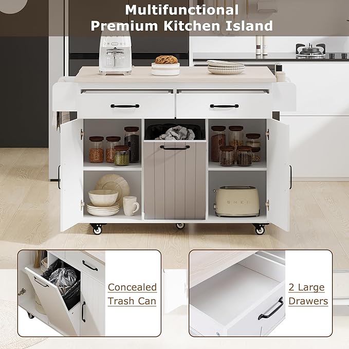 51" Moveable Kitchen Island with Trash Can Storage Cabinet, Kitchen Cart with Drop Leaf, Spice Rack, Towel Rack and Drawer, Rolling Kitchen Island on 5 Wheels with Adjustable Shelf,White