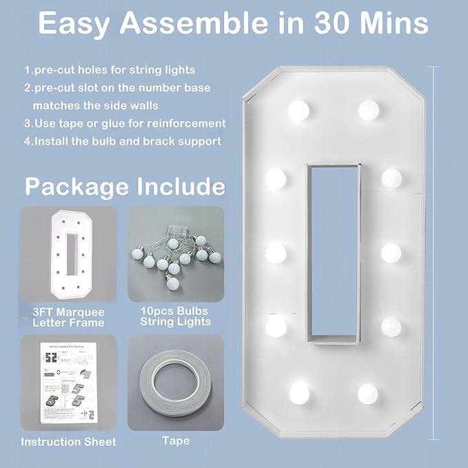 PRELIFE MEMORY 3FT/36 Inch Light Up Marquee Letter A-Z, White Frame KT Board Plug-in KT Board with Bracket White LED Party Decorative Light Decoration for Birthday Party Anniversary (H)