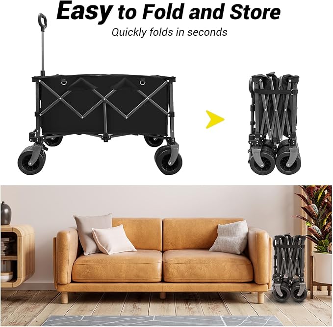 Collapsible Foldable Extended Wagon, Weight Capacity 440 LBS, Heavy Duty Large Wheeled Utility Cart, Folding Grocery Shopping Cart for Camping, Grocery, Garden - Large Capacity Portable Outdoor Cart