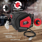 Himimi Retractable Extension Cord Reel, 50FT 14AWG/3C Power Cord Reel for Garage Workshop, Wall/Ceiling Mounted Extension Cord Reel, 3-Lighted Triple Outlets, UL Listed, 13A Circuit Breaker