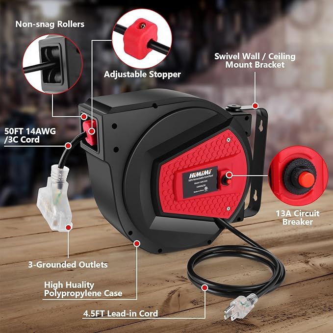 Himimi Retractable Extension Cord Reel, 50FT 14AWG/3C Power Cord Reel for Garage Workshop, Wall/Ceiling Mounted Extension Cord Reel, 3-Lighted Triple Outlets, UL Listed, 13A Circuit Breaker