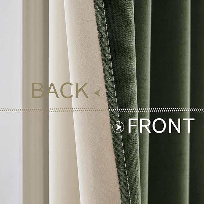 MIULEE 100% Blackout Linen Textured Curtains for Bedroom Solid Thermal Insulated Olive Green Grommet Room Darkening Curtains & Drapes Luxury Decor for Living Room Nursery 52 x 72 Inch (2 Panels)
