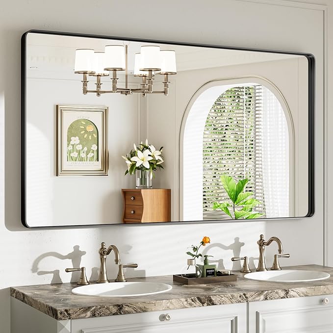 55X30 Black Bathroom Mirror for Over Sink, Metal Framed Vanity Mirror Wall Mounted, Rectangle Mirror for Bedroom Living Room Restroom Entryway, Anti-Rust, HD Tempered Glass