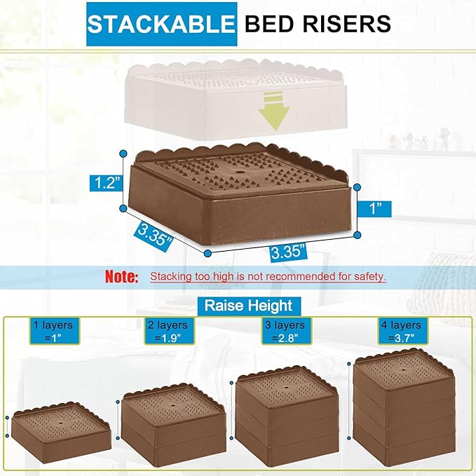 Bed Risers 1 inch, 2 inch, 3 inch, 4 inch Heavy Duty, Adjustable Furniture Riser for Table Desk Couch Sofa Chair Recliner Leg Frame Dorm, Stackable Bed Raisers Blocks (Brown 6 Pack, 1 inch)