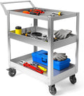 3-Tier Gauge Stainless Steel Multi-Functional cart, 1100-pound Heavy-Duty Wheeled Service cart, Wheeled Rolling Tool cart, Suitable for Mechanics, garages, workshops, Warehouses