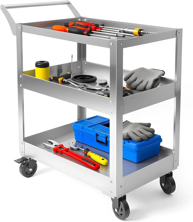 3-Tier Gauge Stainless Steel Multi-Functional cart, 1100-pound Heavy-Duty Wheeled Service cart, Wheeled Rolling Tool cart, Suitable for Mechanics, garages, workshops, Warehouses