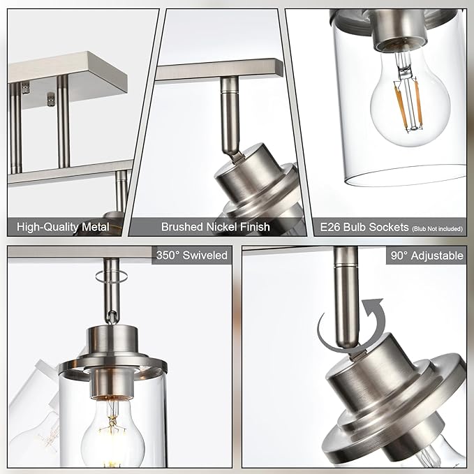 Yaohong 6-Light Track Lighting Kit Brushed Nickel Track Lighting Fixtures, Bathroom Wall Light Ceiling Mount Rotatable Spotlights, Kitchen Ceiling Light Fixtures with Glass Shade for Bathroom Hallway