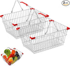 2 Pack Wire Shopping Baskets with Handle and Bumpers 17.7 x 12.6 x 7.9 Inch Foldable Sturdy Metal Basket Storage Organizer for Retail Grocery Supermarkets Kitchen Vegetables Fruits Picnic
