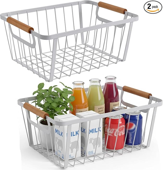 White wire baskets for organizing with Wooden Handle,Metal Wire Storage Baskets Country Vintage Style Snack Baskets. pantry organizers and storage，Kitchen,Bedroom,Bathroom,White,Set of 2