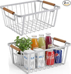 White wire baskets for organizing with Wooden Handle,Metal Wire Storage Baskets Country Vintage Style Snack Baskets. pantry organizers and storage，Kitchen,Bedroom,Bathroom,White,Set of 2