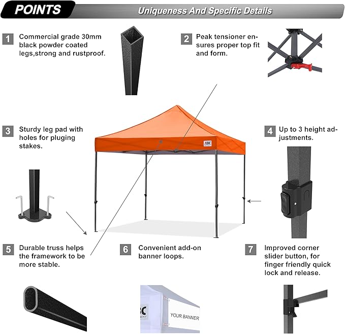 ABCCANOPY Pop Up Canopy - 8x8 Outdoor Patio Portable Canopy Tent with 4 Weight Bags (Orange)