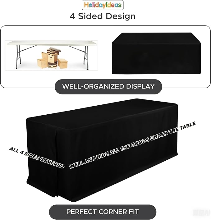 HolidayIdeas Fitted Black Rectangle Table Covers for 8 Foot Tables, Wrinkle Resistant Washable Tablecloths 96x30 Inch for Vendor Booth Display, Banquet, Trade Show, 4 Pcs