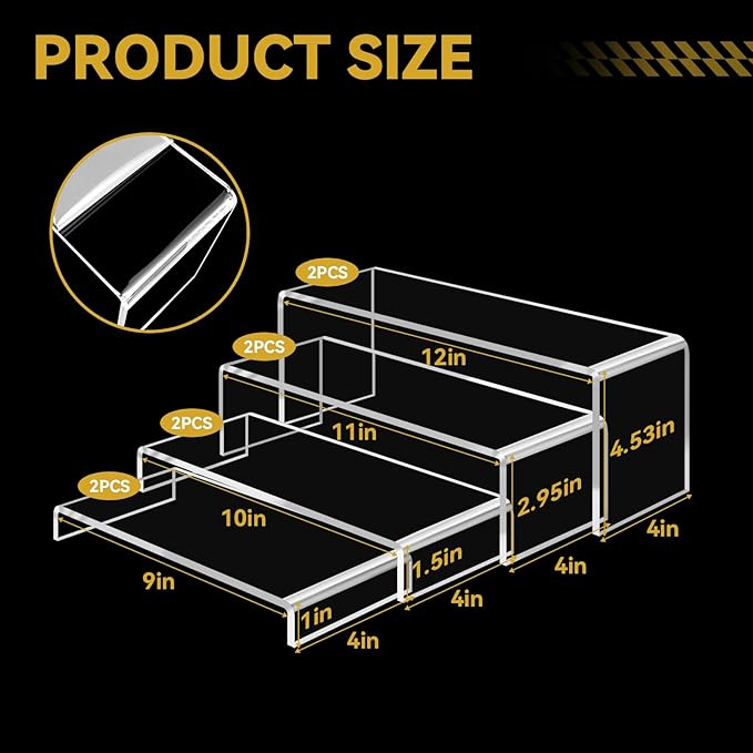8 Pcs Large Acrylic Display Risers, 2 Sets Clear Stands, 0.19" Thick Rectangular Shelf for Showcase, Dessert, Toys, Perfume