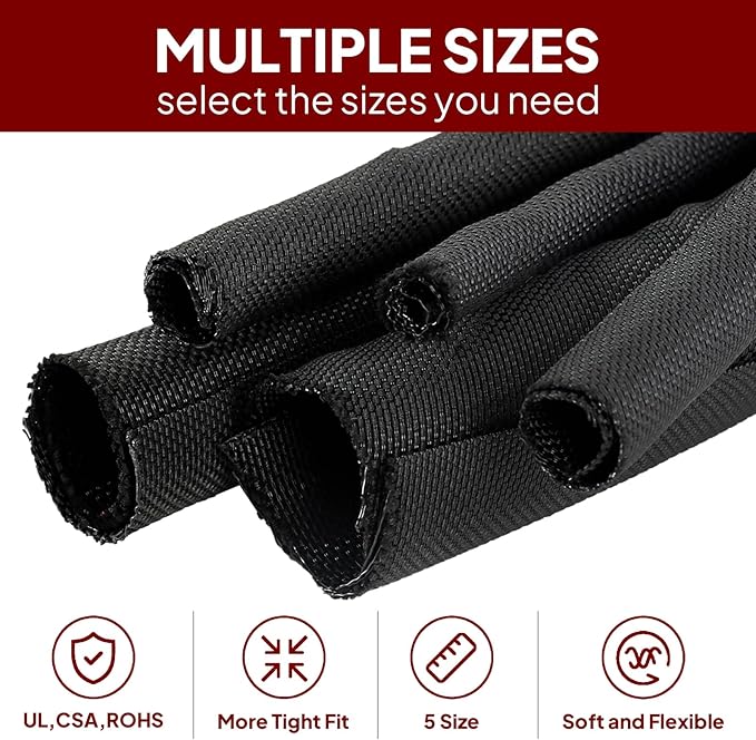 Black Braided Cable Management Sleeves Wire Loom Tubing Cord Protector Self-Wrapping (1/2"-20Feet)
