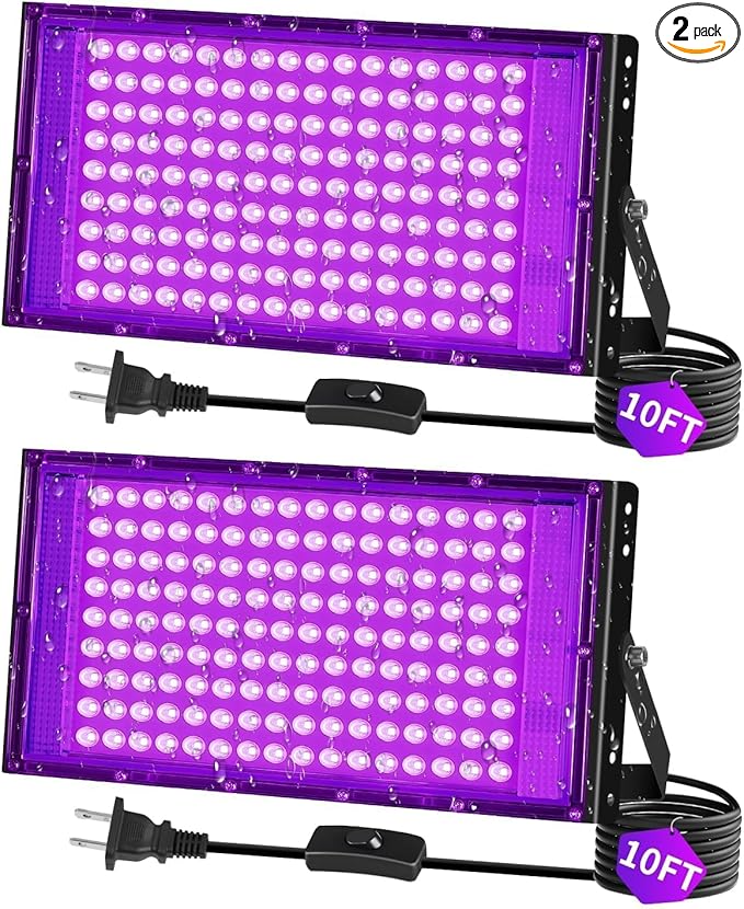150W LED Black Lights IP66 Waterproof Black Light Outdoor with 10ft Plug+Switch, Flood Blacklight for Halloween Glow in The Dark Party Stage Light Neon Glow Birthday 2 Pack
