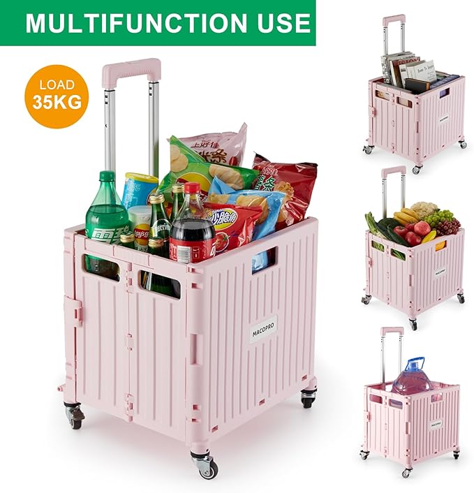 Folding Utility Cart Portable Rolling Crate Handcart Shopping Trolley Collapsible Tool Box, with Lid, Basket on 4 Rotate Wheels, for Grocery, Shopping, Office, Teacher (Pink)