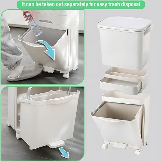 42L Kitchen Trash Can, Large Three-Layer Dual Trash and Recycling Bins, Vertical Dry and Wet Separation Waste Sorting Bins with Wheels for Kitchen, Bedroom, Livingroom, White (Without Bucket)