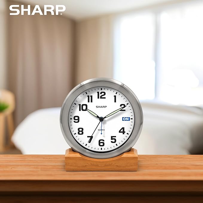 Sharp Silent Sweep Quartz Analog Desk Clock with Alarm Status Indicator on Dial, Brushed Metal Clock with Genuine Wood Stand, Great Gift for Home or Office