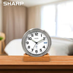 Sharp Silent Sweep Quartz Analog Desk Clock with Alarm Status Indicator on Dial, Brushed Metal Clock with Genuine Wood Stand, Great Gift for Home or Office
